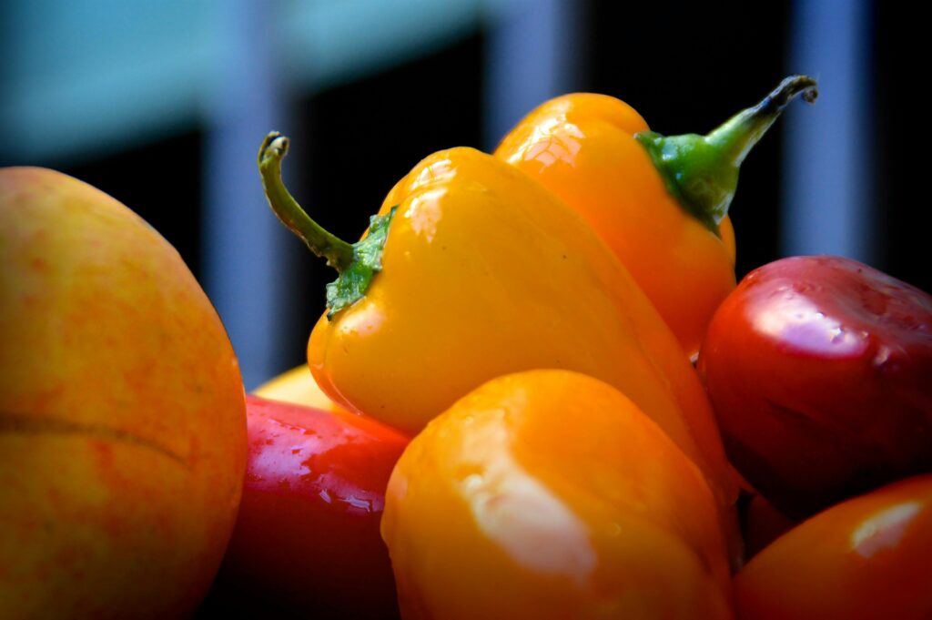 Close-up of colorful bell peppers and tomatoes showcasing fresh, vibrant produce.